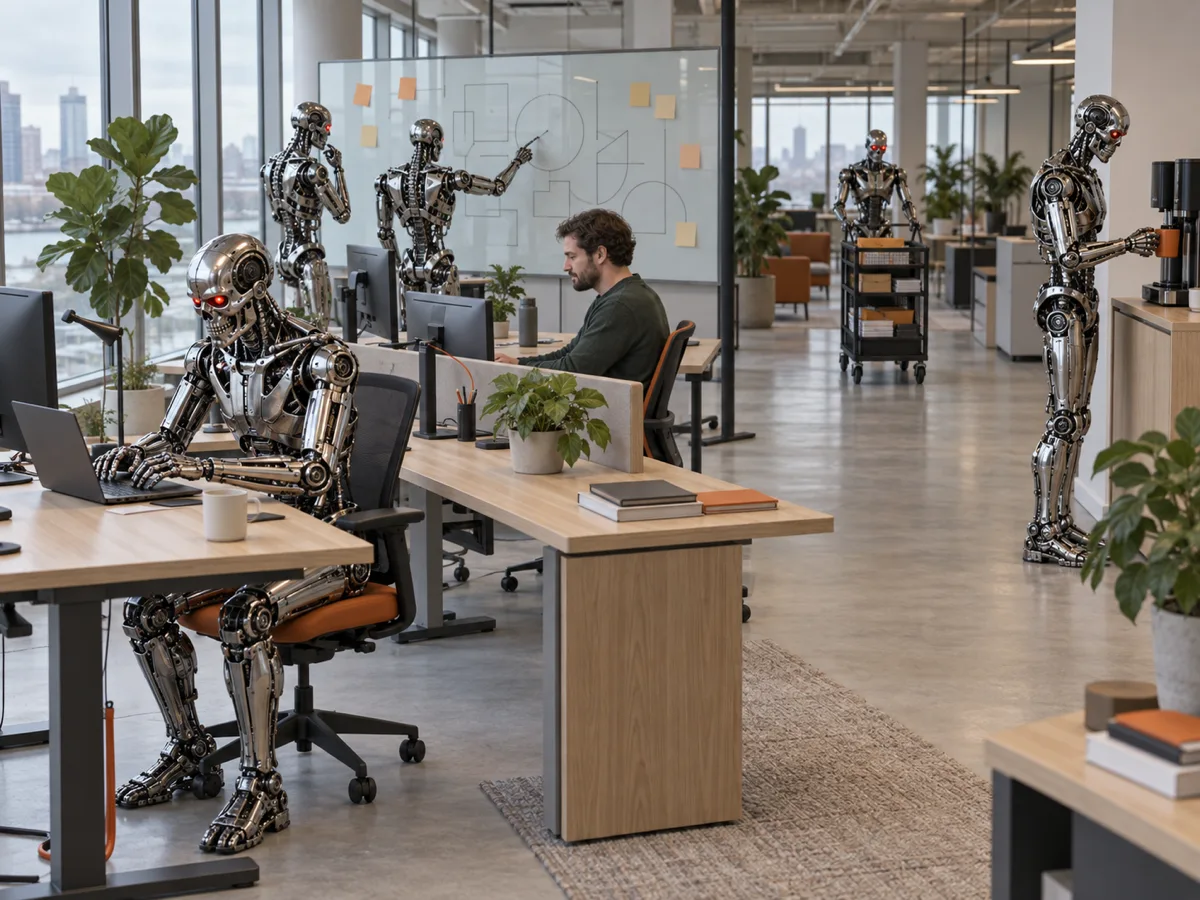 Chrome robots doing ordinary desk work in an open-plan office beside one unbothered human employee