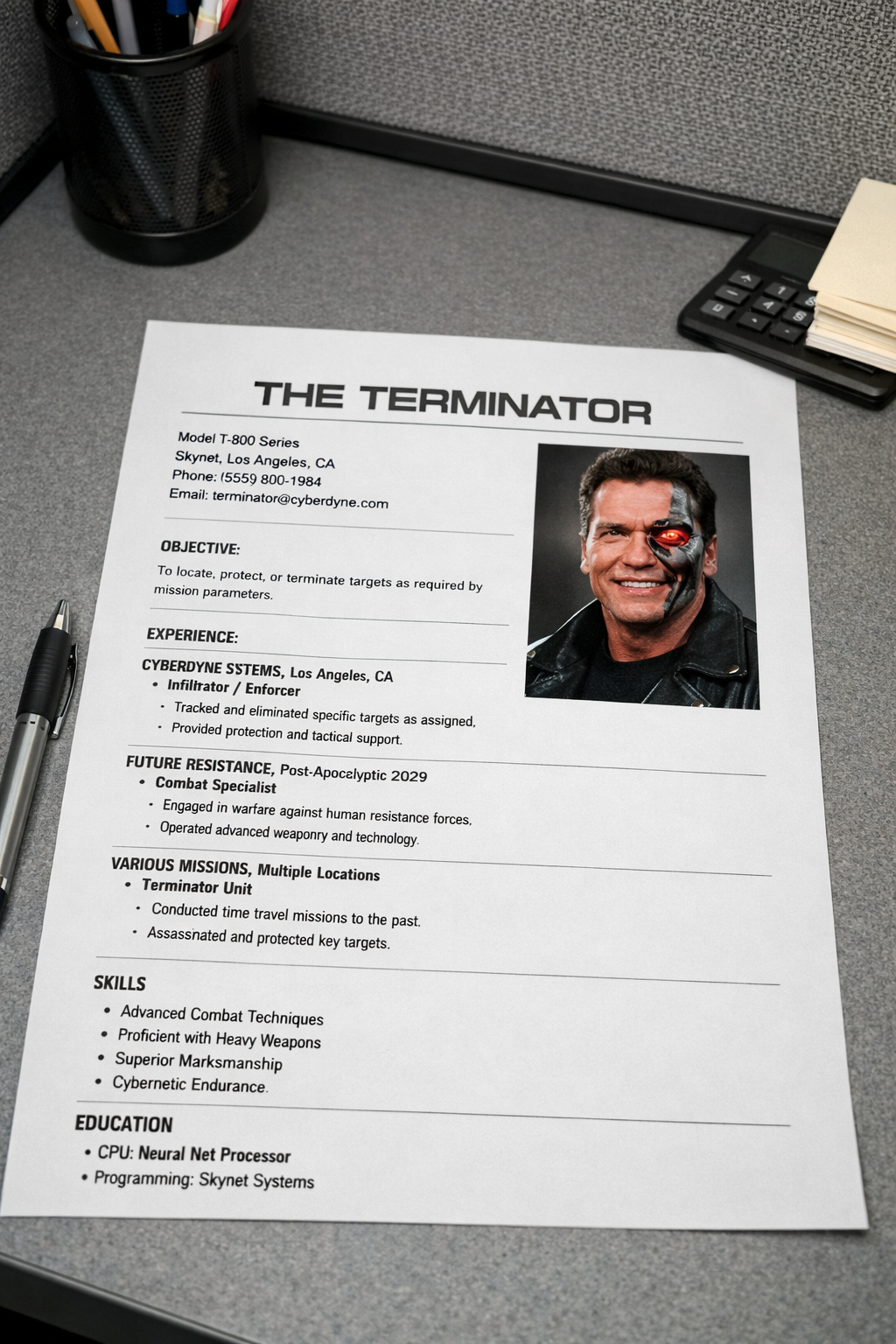 The Terminator's resume on a desk — Managing Cybernetic Organisms