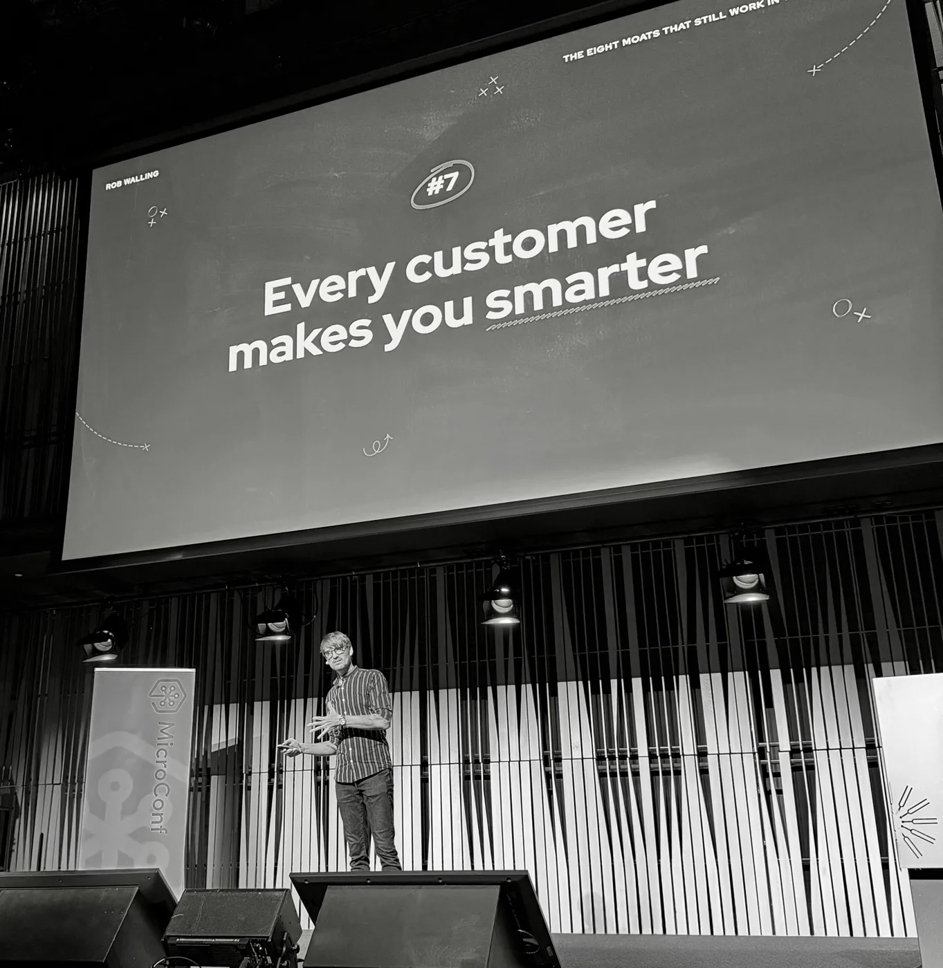 Rob Walling at MicroConf Europe 2026: Moat seven: every customer makes you smarter.