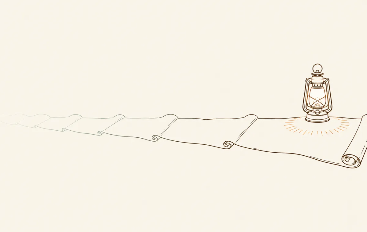 A lantern lighting only the near end of a long scroll that fades into the distance, evoking a limited context window.