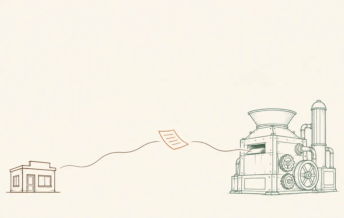 A document drifting away from a small building into a distant machine, evoking company data leaving your control into AI training.