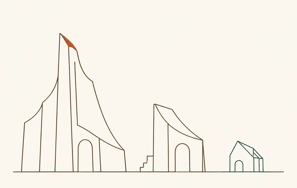 Three forms at descending scale — a large frontier shape, a mid open-weight shape, a small on-device shape — evoking the AI model landscape.