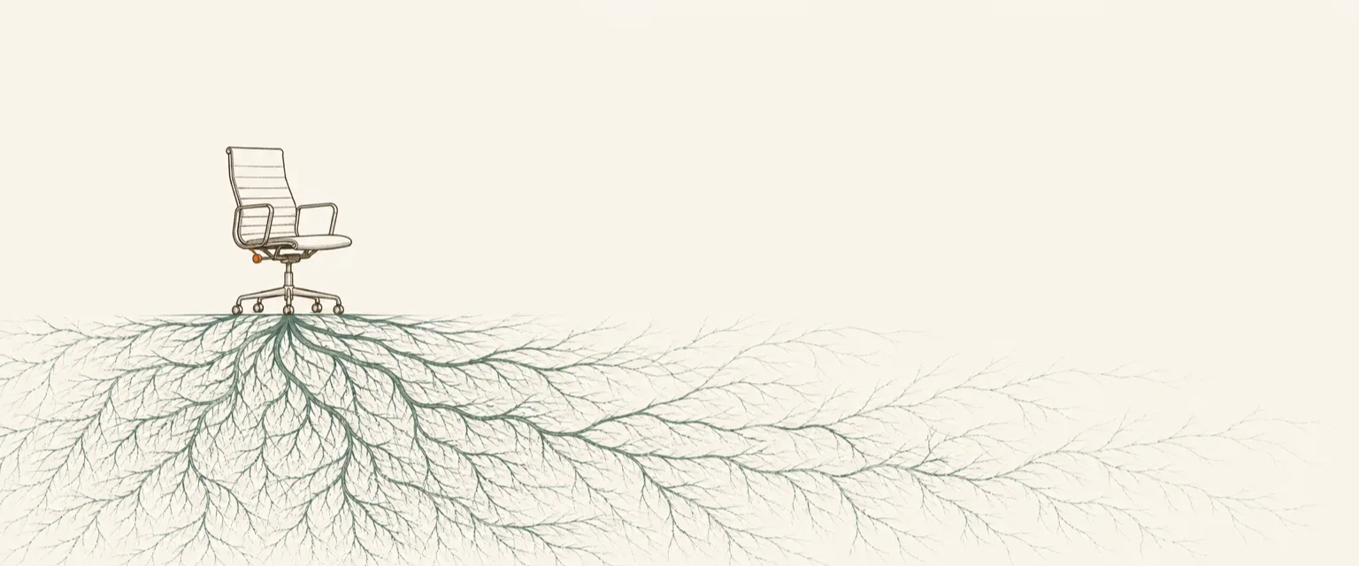 A small executive chair casting a vast hidden root system, evoking the hidden depth of AI for a CEO.