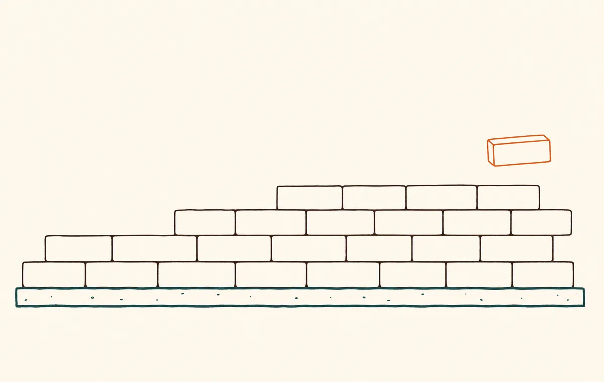 A wall built one brick at a time with a single new brick lifting into place, evoking how an LLM writes token by token.