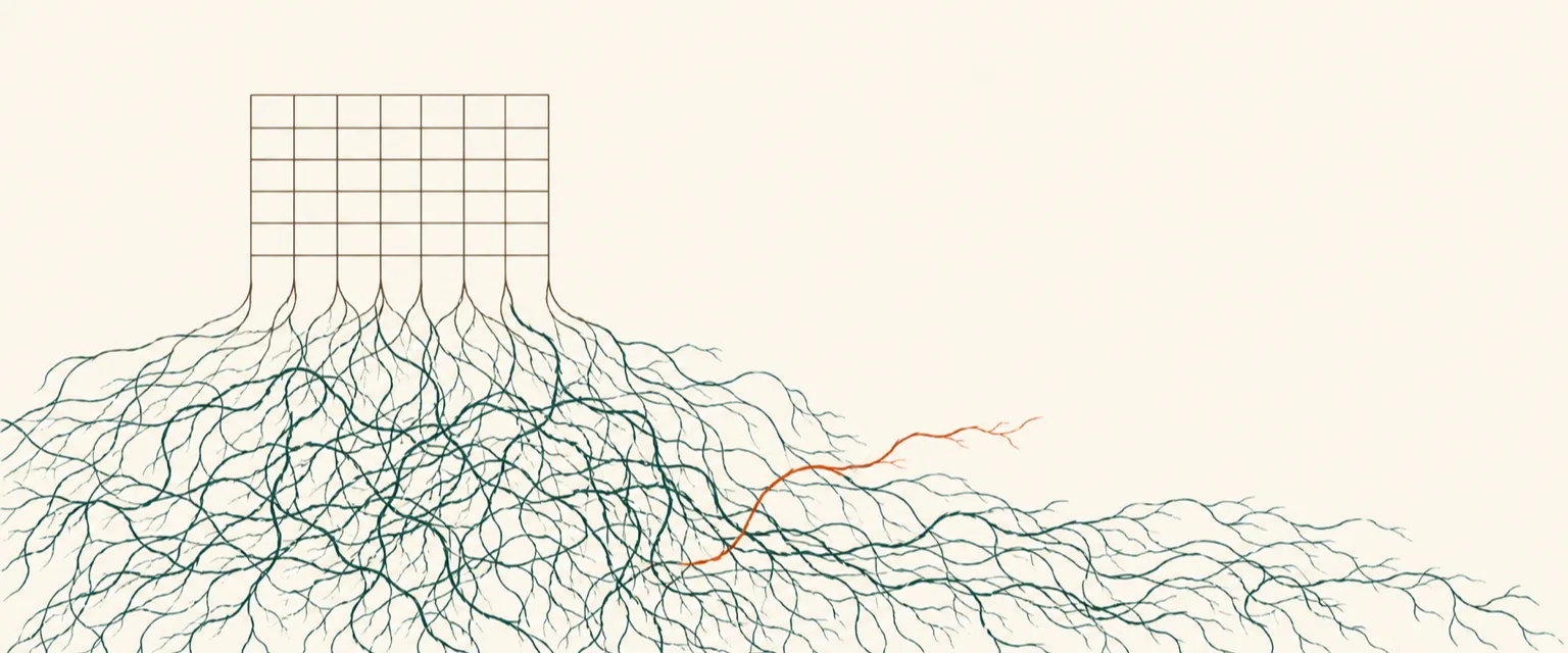 A tidy grid dissolving into a tangle of hidden roots, evoking where AI quietly goes wrong in small companies.